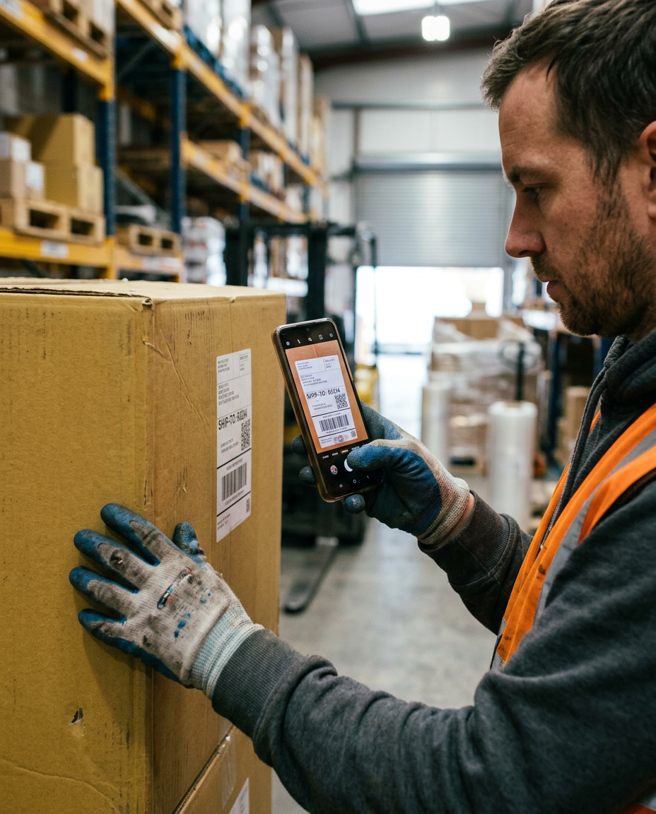 Warehouse worker scanning a shipping label on a box with his phone