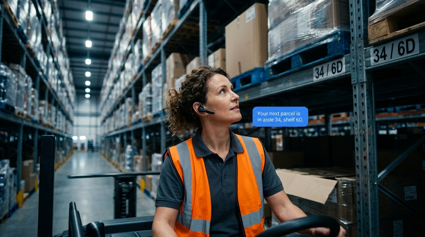Forklift operator receiving verbal pick-route guidance via Bluetooth earpiece — speech bubble reads 'Your next parcel is in aisle 34, shelf 6D'