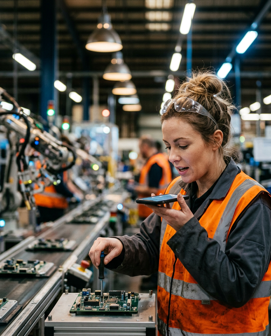 Production line worker holding her phone speakerphone-style, talking into the microphone end amid assembly line machinery